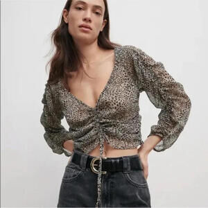 ZARA Animal Print Sheer Ruched Blouse Women’s Size S – V-Neck Long Sleeve